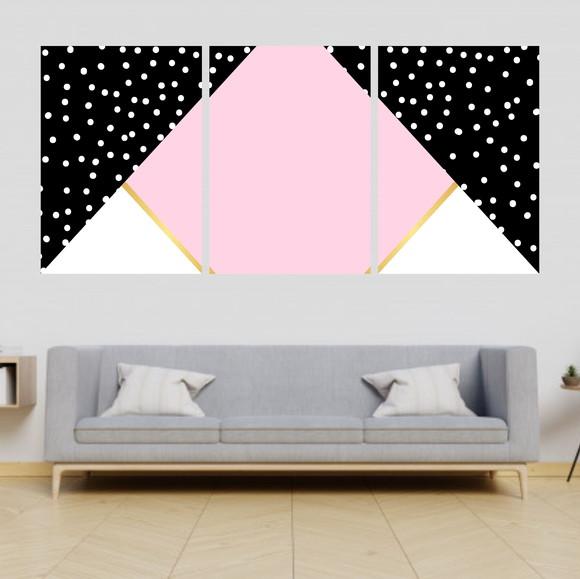 Trio Quadros Digitais - Mosaico Rosa, Preto E Branco