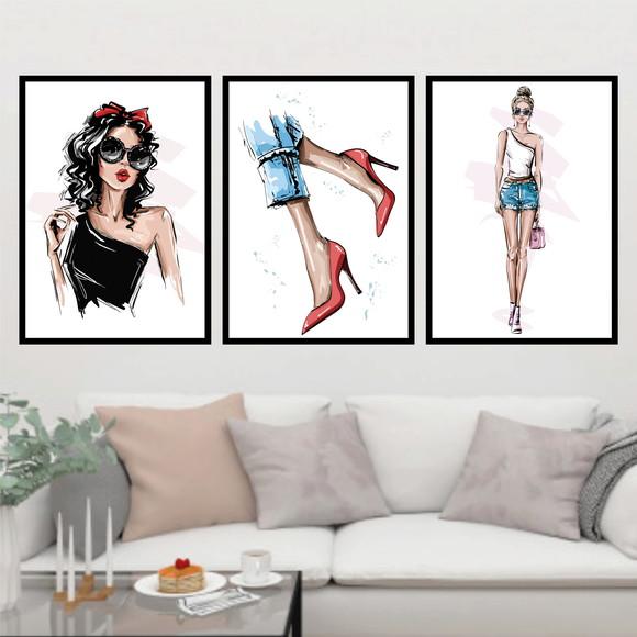 Trio Quadros Digitais - Moda Vestido Preto Sapatos Look