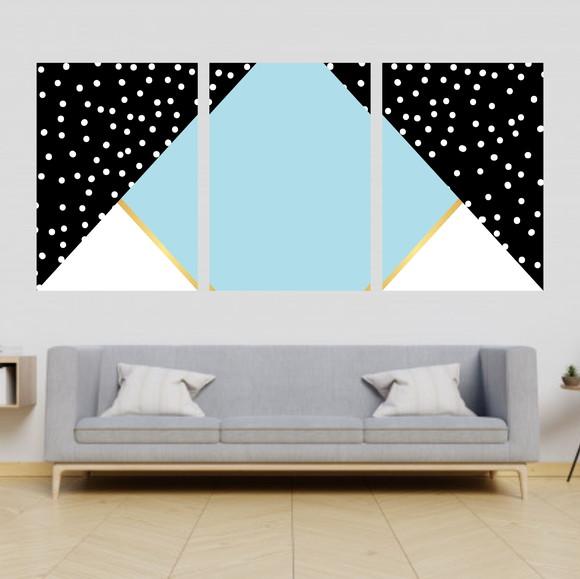 Trio Quadros Digitais - Mosaico Azul, Preto E Branco