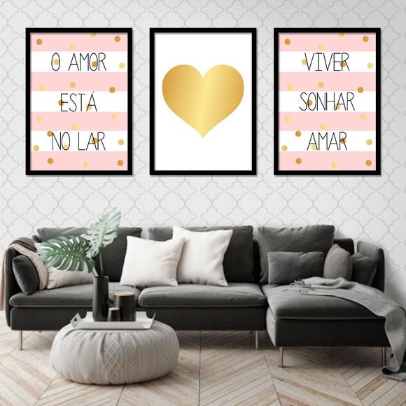 Trio Quadros Digitais - o Amor Está no Lar Listras Rosa