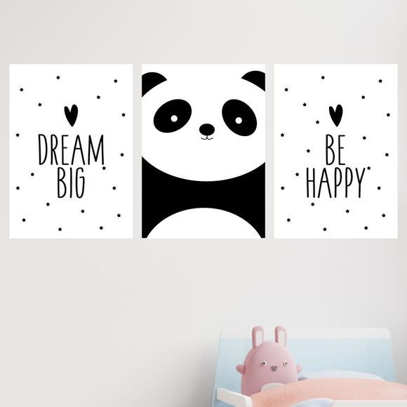 Trio Quadros Digitais - Panda Dreams Big Be Happy
