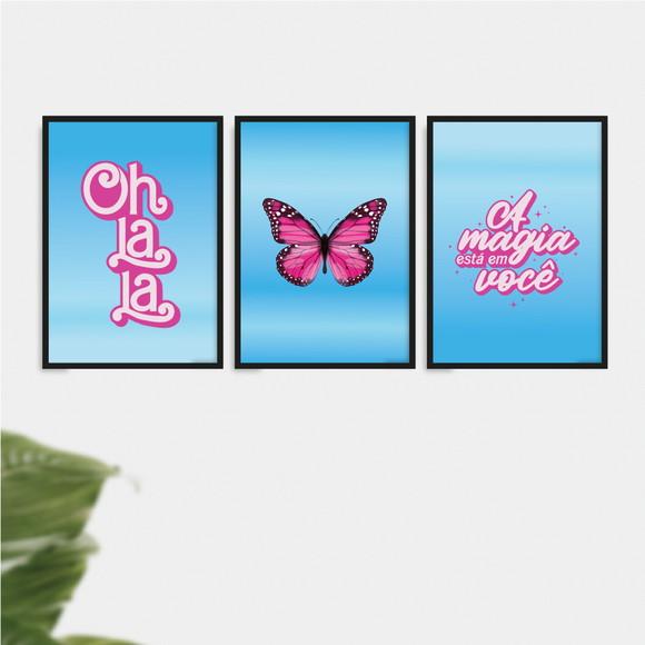 Trio Quadros Digitais - Oh La La - Borboleta Rosa e Azul