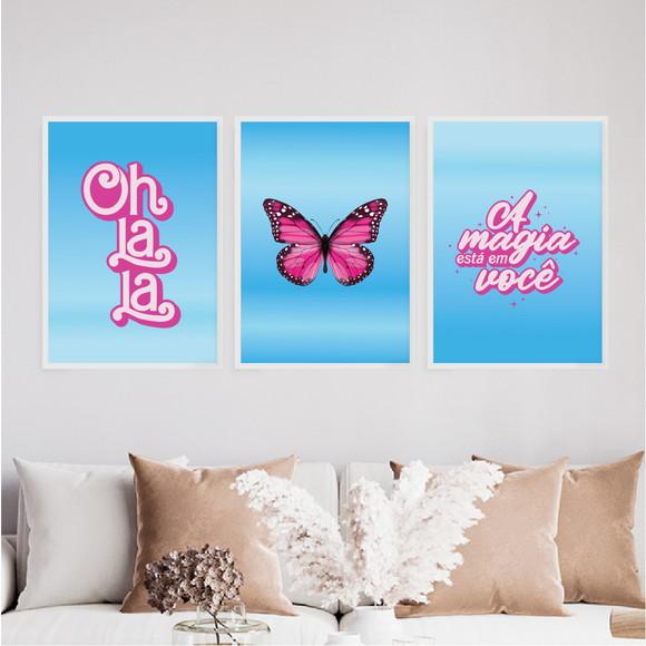 Trio Quadros Digitais - Oh La La - Borboleta Rosa e Azul