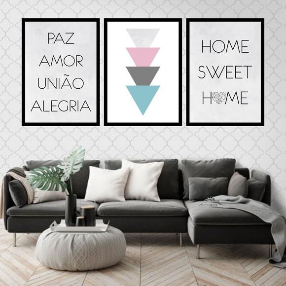 Trio Quadros Digitais - Paz Amor União Alegria Triângulos