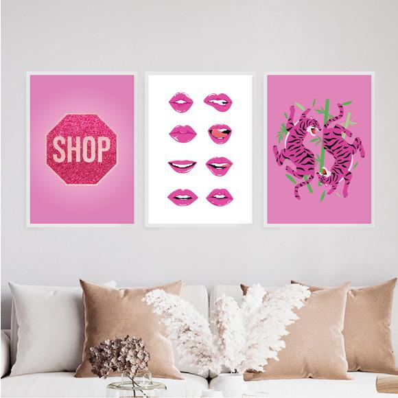 Trio Quadros Digitais - Placa Shop Glitter - Tigres Rosa