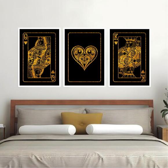 Trio Quadros Digitais - Rei e Rainha de Copas Dourado