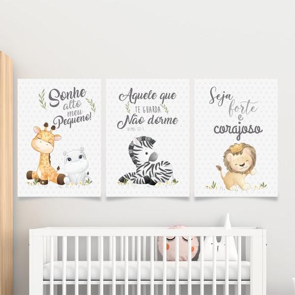 Trio Quadros Digitais - Safari Baby Cinza Aquarela