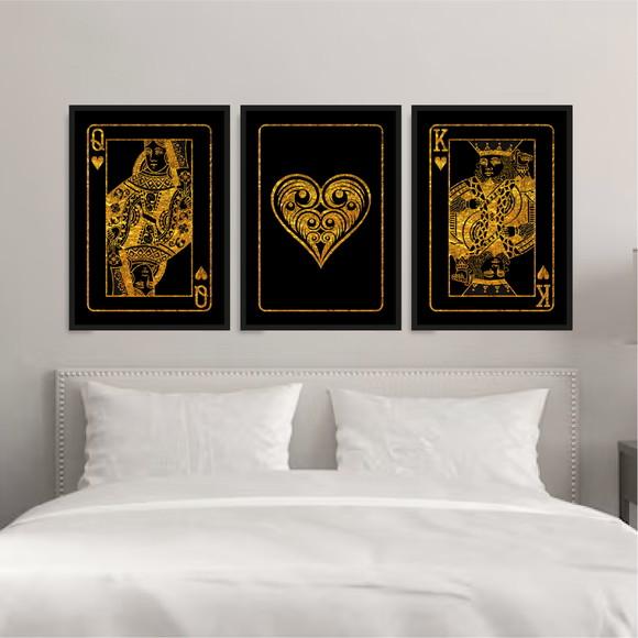 Trio Quadros Digitais - Rei e Rainha de Copas Dourado