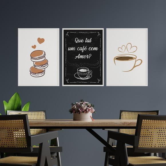 Trio Quadros Digitais - Que Tal Um Café Com Amor? Macarons