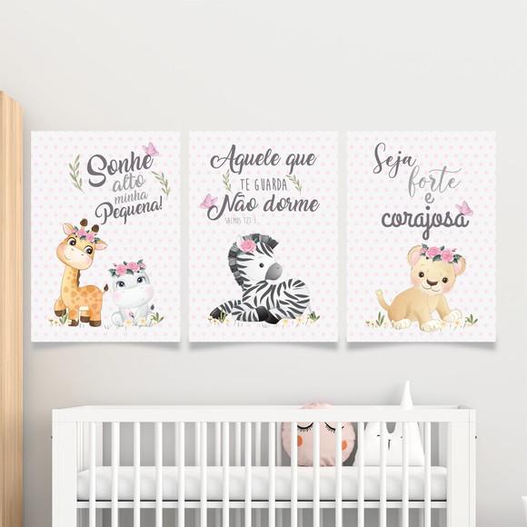 Trio Quadros Digitais - Safari Baby Rosa Aquarela