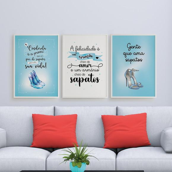 Trio Quadros Digitais - Sapatos Cinderela Azul