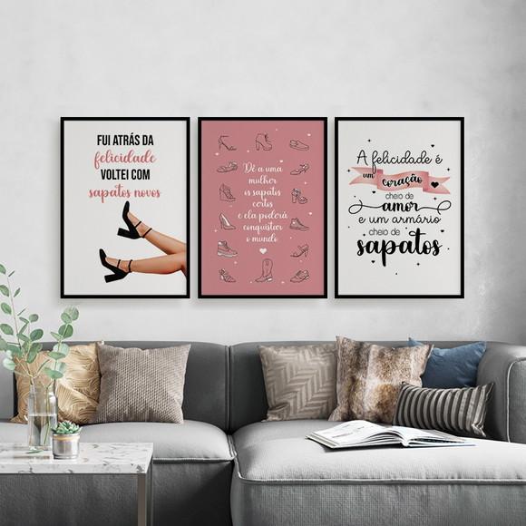 Trio Quadros Digitais - Sapatos Rosa Branco E Preto