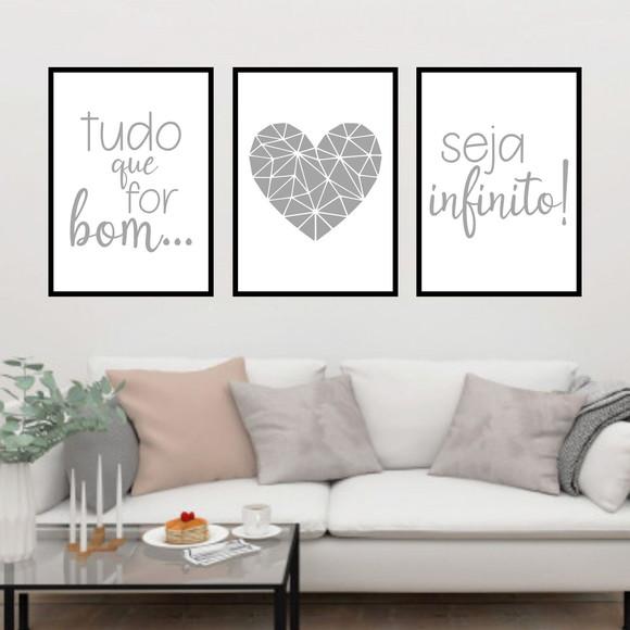 Trio Quadros Digitais - Seja infinito Coração Cinza