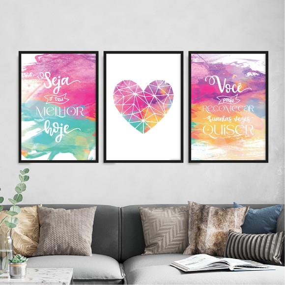Trio Quadros Digitais - Seja o Seu Melhor Coração Aquarela