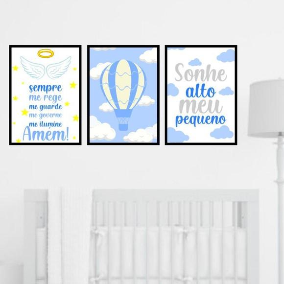 Trio Quadros Digitais - Sonhe Alto Anjo da Guarda Balão Azul