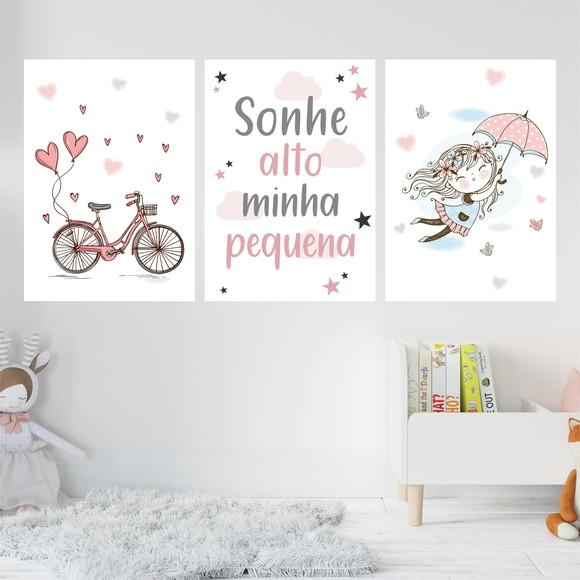 Trio Quadros Digitais - Sonhe alto minha pequena Menina Rosa