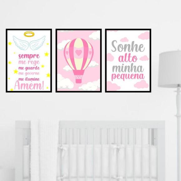 Trio Quadros Digitais - Sonhe Alto Anjo da Guarda Balão Rosa