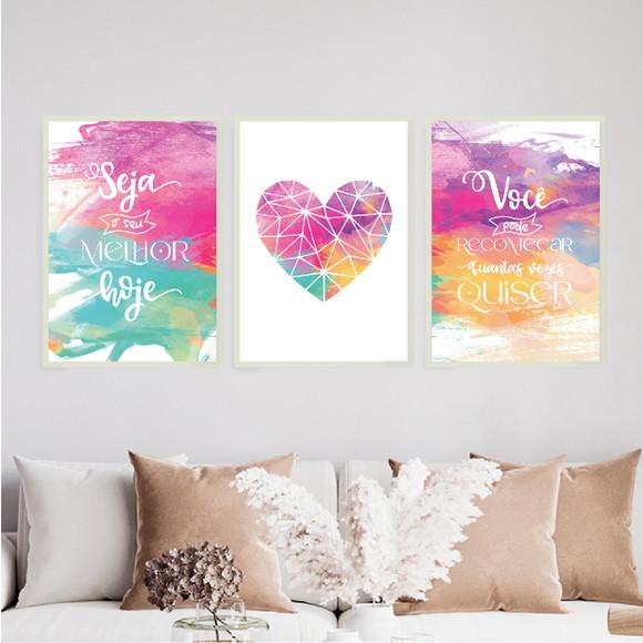 Trio Quadros Digitais - Seja o Seu Melhor Coração Aquarela