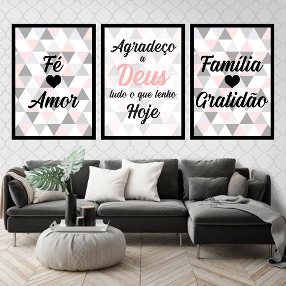Trio Quadros Digitais - Triângulos Fé Amor Família Gratidão