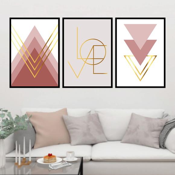 Trio Quadros Digitais - Triângulos - Love - Rosa e Dourado
