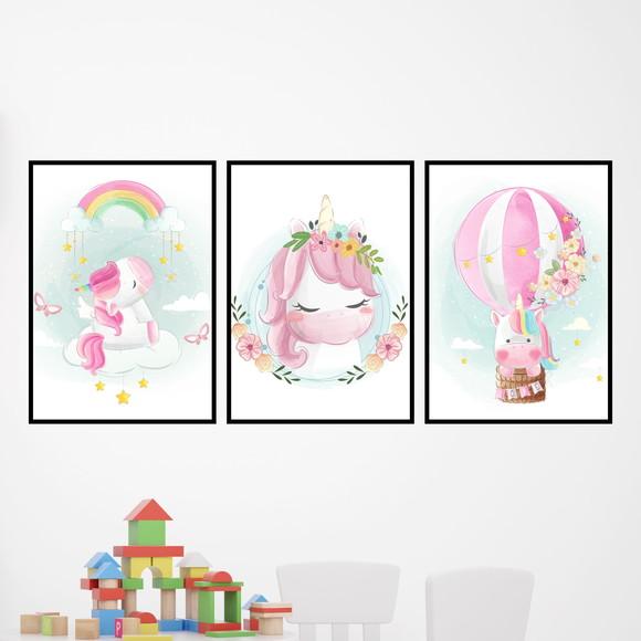 Trio Quadros Digitais - Unicórnio Aquarela Balão Arco Íris