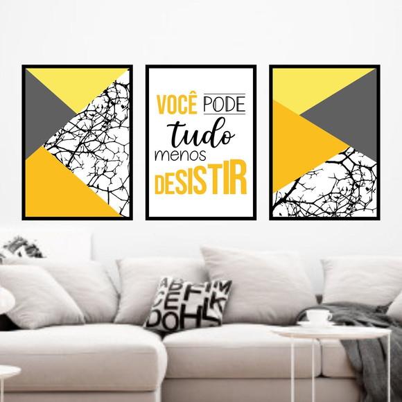 Trio Quadros Digitais - Você pode tudo Geométrico Amarelo