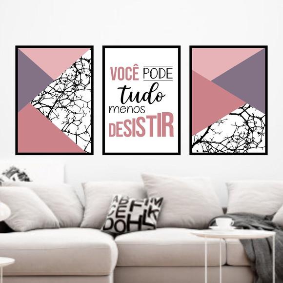 Trio Quadros Digitais - Você pode tudo Geométrico Rosa