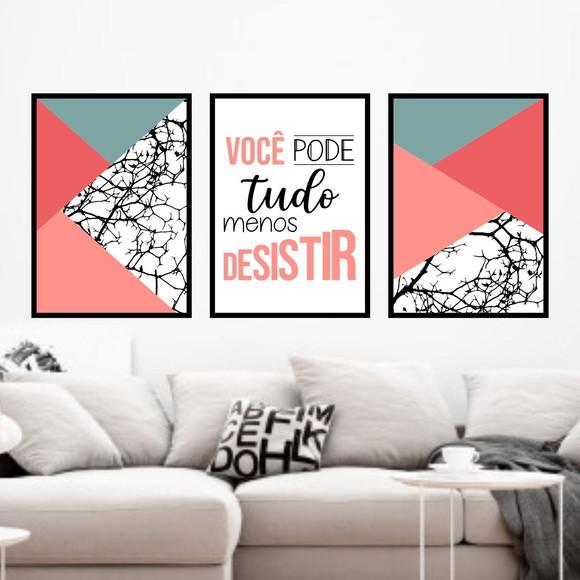 Trio Quadros Digitais - Você pode tudo Geométrico Rosa