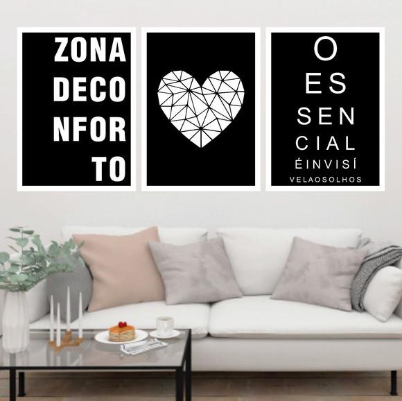 Trio Quadros Digitais - Zona de Conforto Coração Preto
