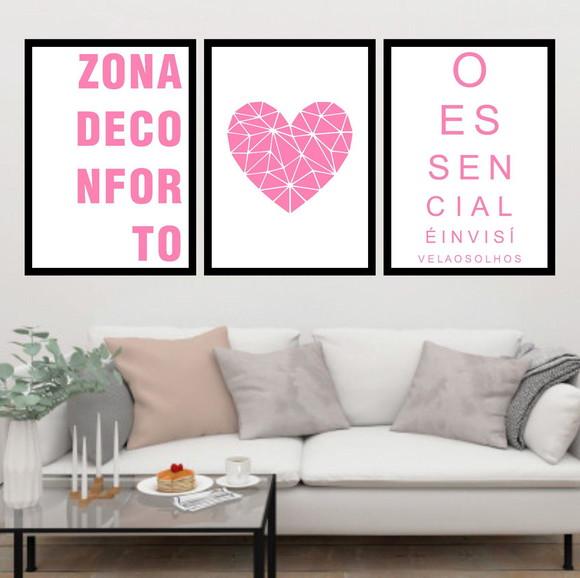 Trio Quadros Digitais - Zona de Conforto Coração Rosa