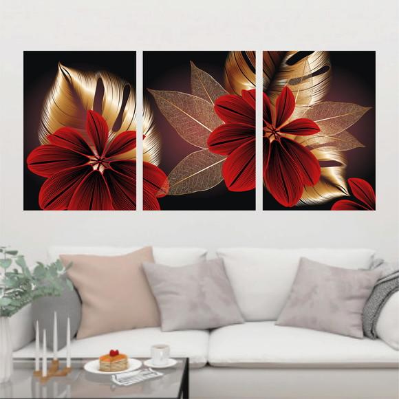Trio Quadros Digitais- Folhas Mosaico Dourado Vermelho Preto