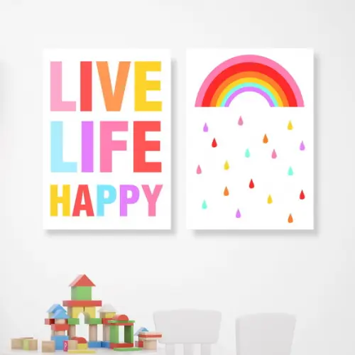 2 Quadros Digitais - Arco Iris Gotas Live Life Happy