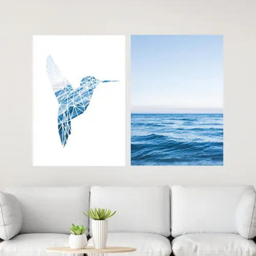 2 Quadros Digitais - Beija Flor Geométrico Mar Azul