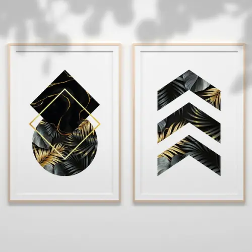 2 Quadros Digitais - Geométricos Folhas Preto e Dourado