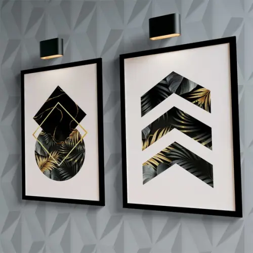 2 Quadros Digitais - Geométricos Folhas Preto e Dourado