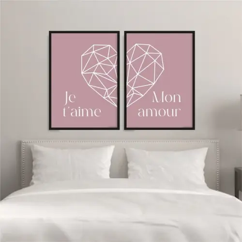 2 Quadros Digitais - Je Taime - Mon Amour - Coração Rosa
