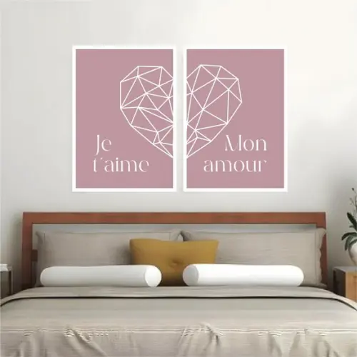 2 Quadros Digitais - Je Taime - Mon Amour - Coração Rosa