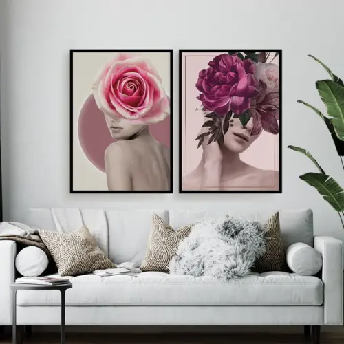 2 Quadros Digitais - Mulher E Flores - Rosa