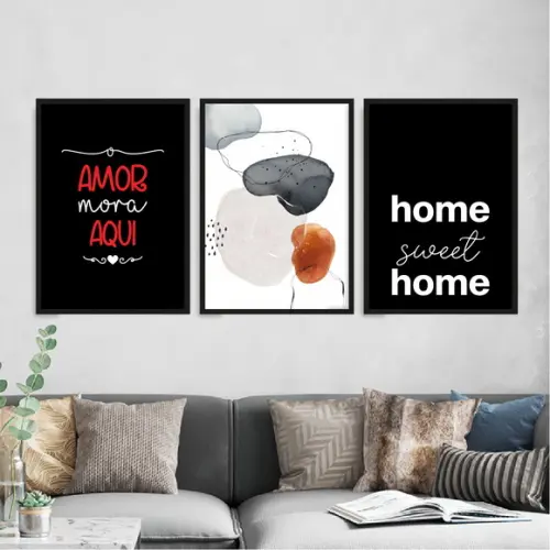 3 Quadros Digitais - Amor Mora Aqui Aquarela Home Sweet Home