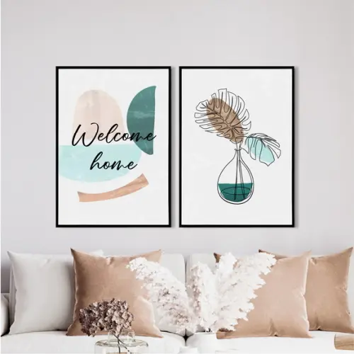 2 Quadros Digitais - Welcome Home - Flor One Line Abstrato