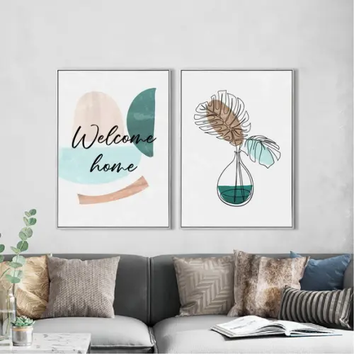 2 Quadros Digitais - Welcome Home - Flor One Line Abstrato