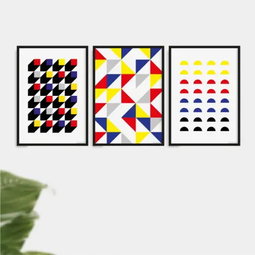 3 Quadros Digitais - Bauhaus Cubos Triângulos Semi Círculos