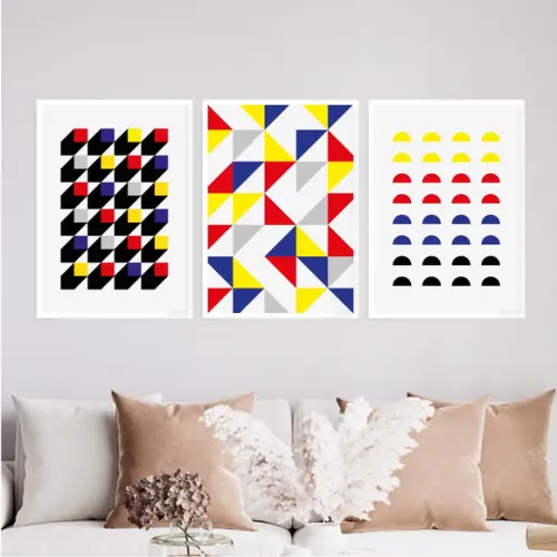 3 Quadros Digitais - Bauhaus Cubos Triângulos Semi Círculos