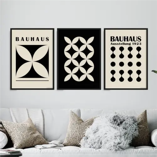 3 Quadros Digitais - Bauhaus Flor Abstrato - Bege e Preto