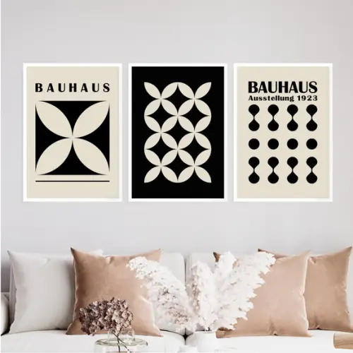 3 Quadros Digitais - Bauhaus Flor Abstrato - Bege e Preto