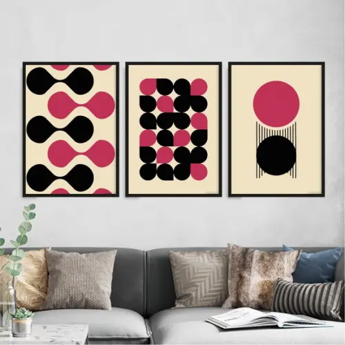 3 Quadros Digitais - Bauhaus Magenta Abstrato Gotas Círculos