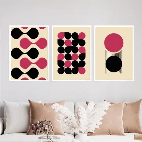 3 Quadros Digitais - Bauhaus Magenta Abstrato Gotas Círculos
