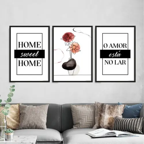 3 Quadros Digitais - Home Sweet Home o Amor Está no Lar Flor