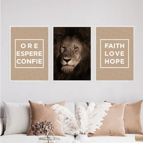 3 Quadros Digitais - Leão Ore Espere Confie Faith Love Hope