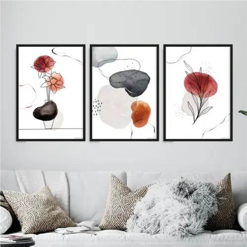 3 Quadros Digitais - Flor Folhas One Line - Manchas Aquarela